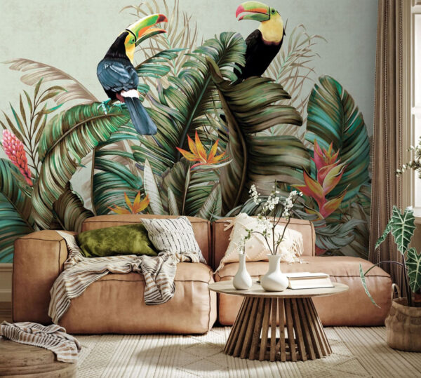 Ταπετσαρίες Ταπετσαρίες Τουκάν σκαρφαλωμένοι ανάμεσα σε τροπικά φύλλα (Κωδικός προϊόντος: u95256)