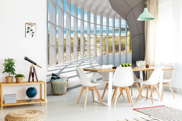 Ταπετσαρίες Ηλιόλουστη θέα στην παραλία μέσα από γεωμετρικά παράθυρα