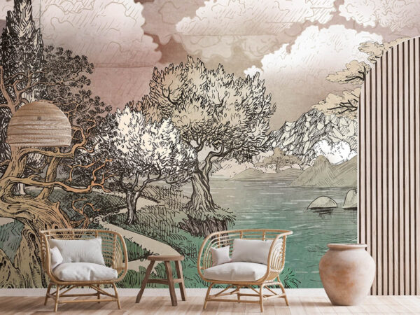 Ταπετσαρίες Τοπίο με δέντρα και λίμνη