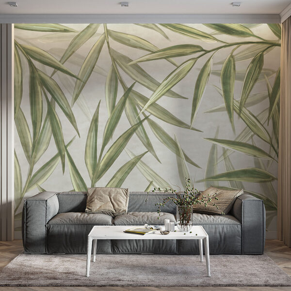 Ταπετσαρίες Ταπετσαρίες Πράσινα φύλλα σε ανοιχτόχρωμο φόντο (Κωδικός προϊόντος: w00236)