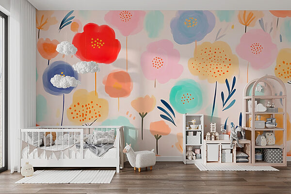 Πολύχρωμα λουλούδια σε λευκό φόντο Ταπετσαρίες Πολύχρωμα λουλούδια σε λευκό φόντο