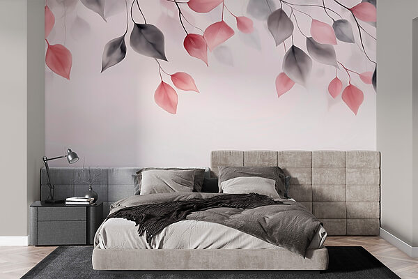Ταπετσαρίες Ροζ και γκρι φύλλα σε κλαδιά
